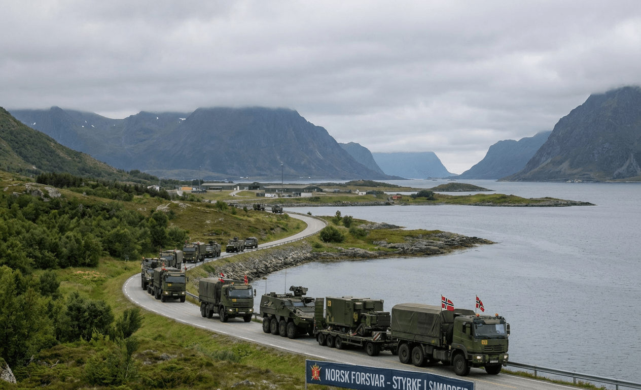 Norwegian military convoy on coastal road under NATO logo with text NORSK FORSVAR - STYRKE I SAMARBEID.
