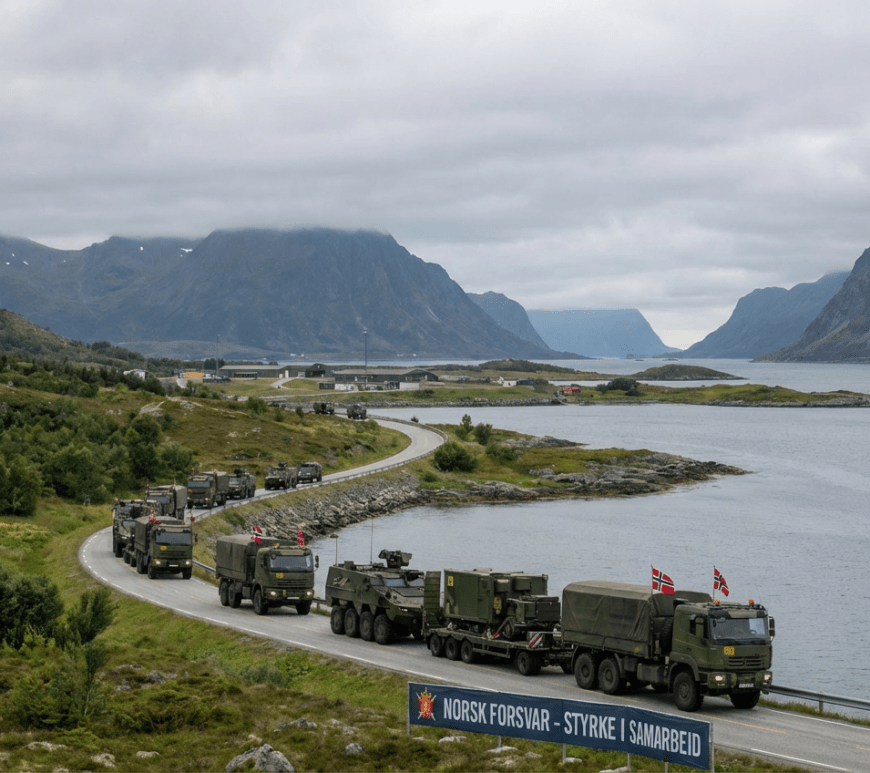 Norwegian military convoy on coastal road under NATO logo with text NORSK FORSVAR - STYRKE I SAMARBEID.