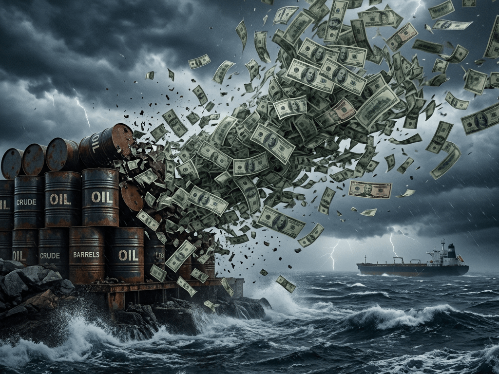 Crude oil barrels breaking apart with dollars flying out over stormy ocean