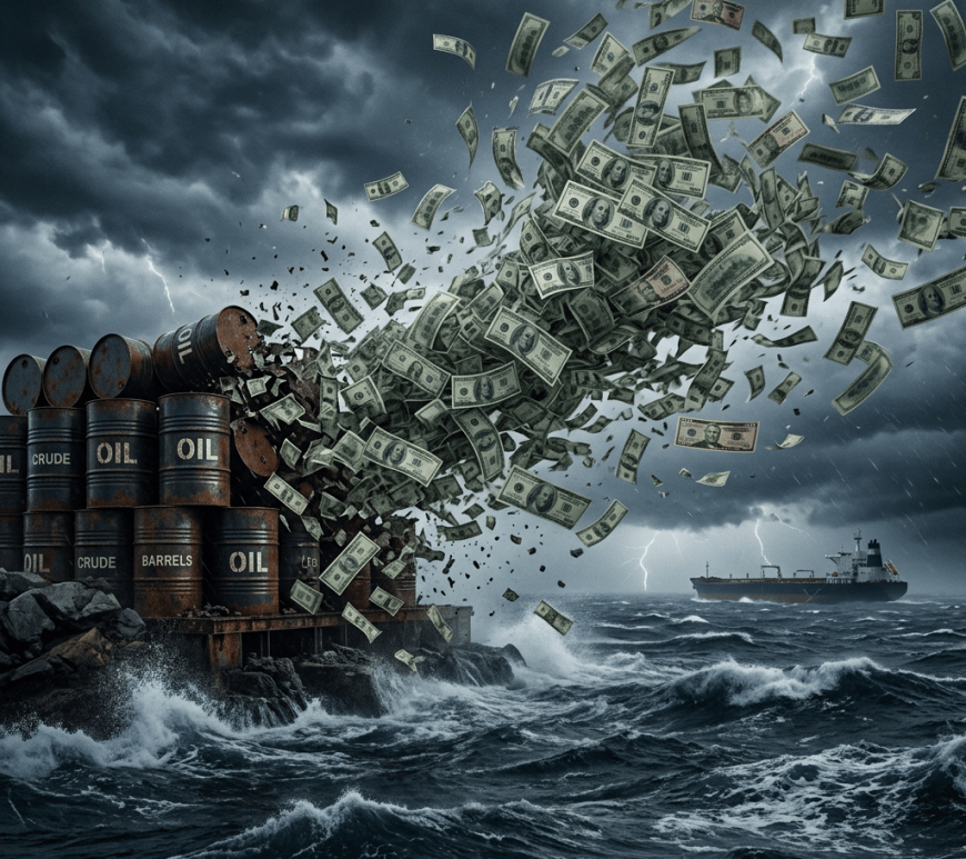 Crude oil barrels breaking apart with dollars flying out over stormy ocean