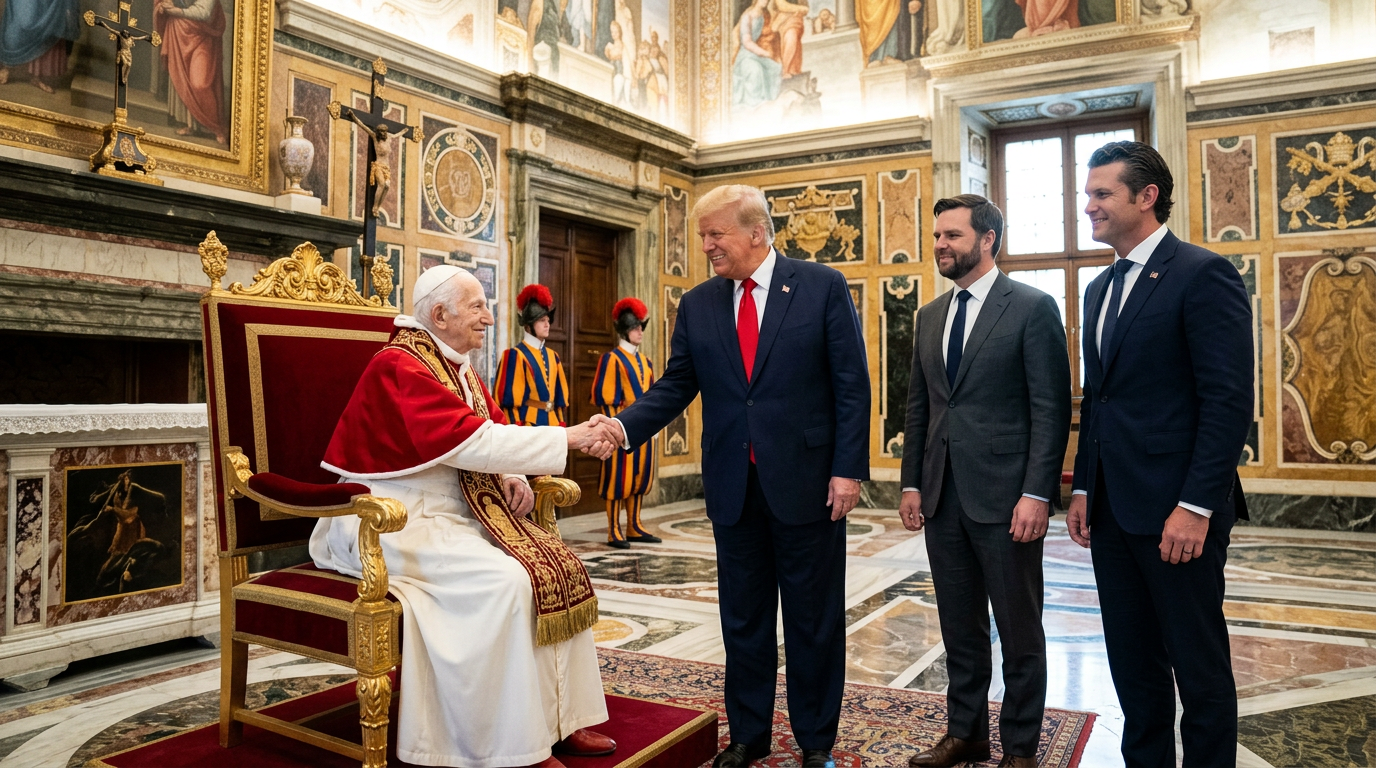 Pope Benedict XVI seated shaking hands with Donald Trump in ornate room