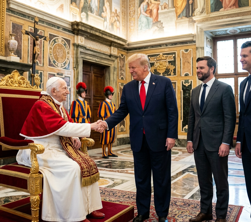 Pope Benedict XVI seated shaking hands with Donald Trump in ornate room