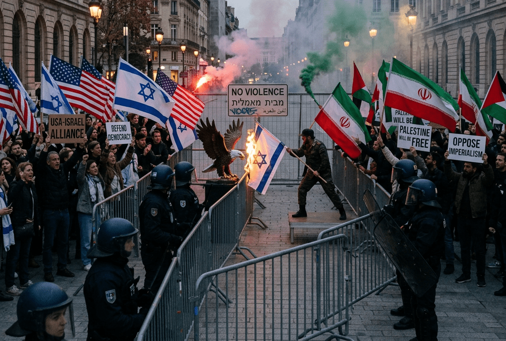 Crowd of protesters holding Israeli and American flags on one side, and Iranian and Palestinian flags on the other, separated by police officers in riot gear