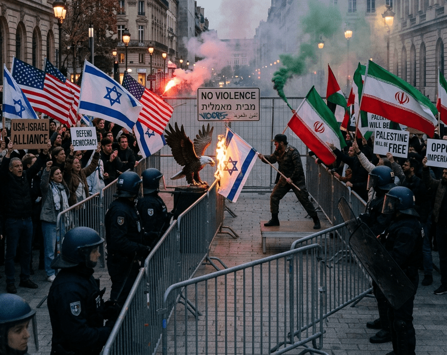 Crowd of protesters holding Israeli and American flags on one side, and Iranian and Palestinian flags on the other, separated by police officers in riot gear
