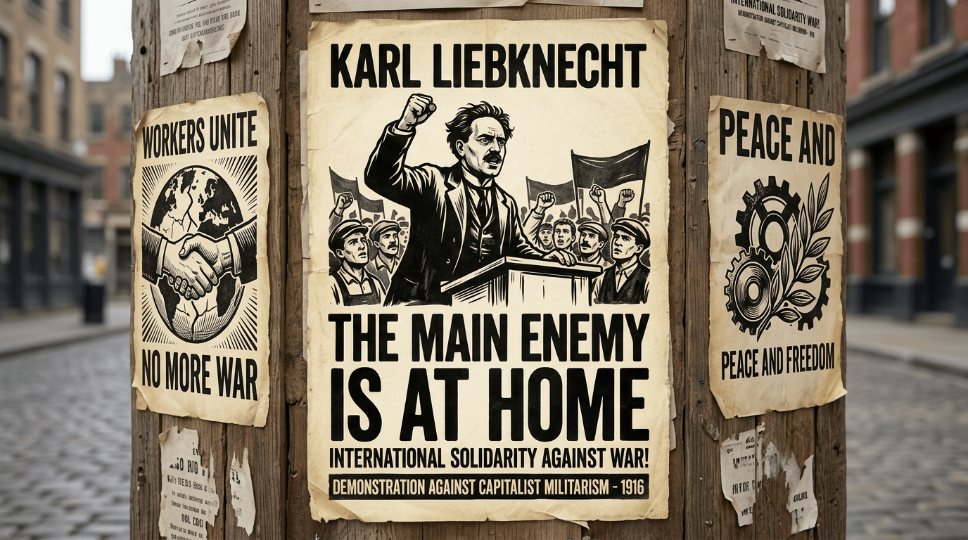 Poster of Karl Liebknecht speaking at a demonstration against war with a crowd and raised fists