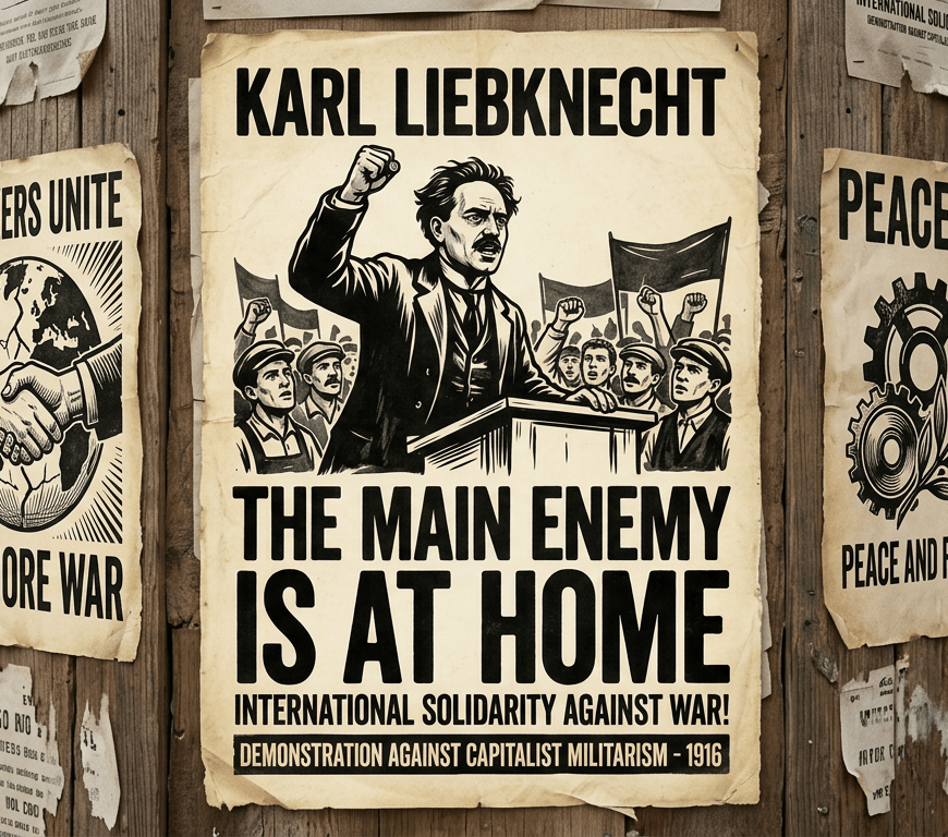 Poster of Karl Liebknecht speaking at a demonstration against war with a crowd and raised fists