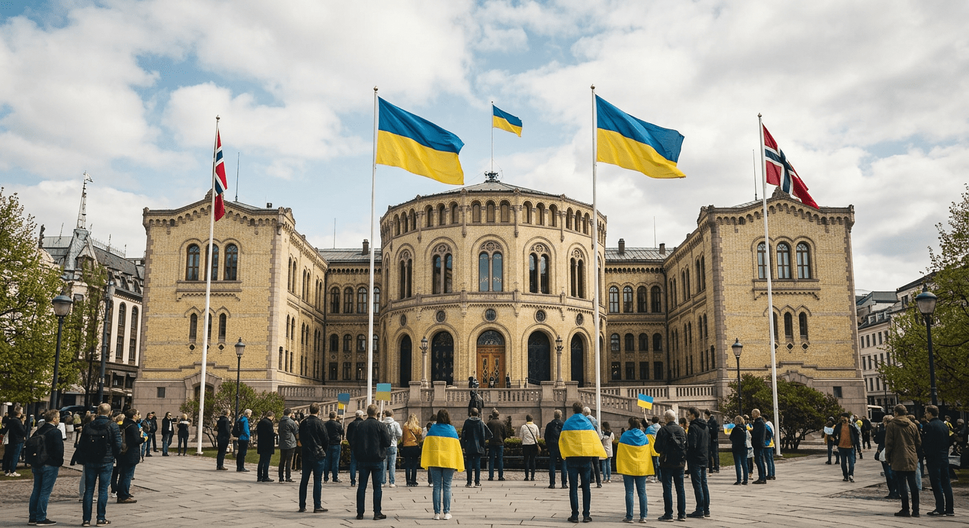 Crowd with Ukrainian and Norwegian flags in front of Norwegian Parliament building