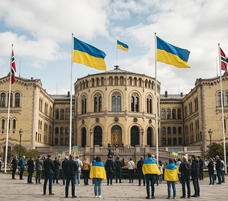 Crowd with Ukrainian and Norwegian flags in front of Norwegian Parliament building